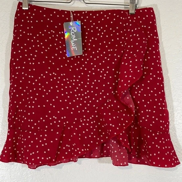 ROMWE Star Allover Print Ruffle Trim Skirt Red & White Back Zipper Large New - Picture 3 of 9